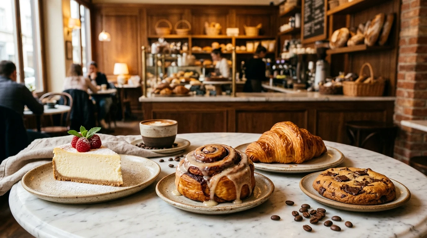 Starbucks Bakery Auswahl Deutschland mit Cinnamon Roll Zimtschnecke, Cheesecake und Croissant