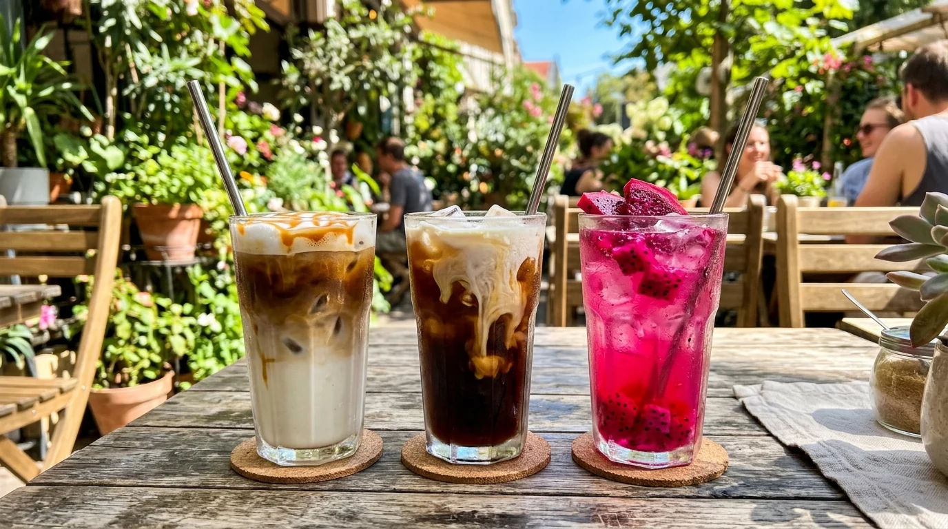 Starbucks Eiskaffee, Cold Brew und pink Refresher auf sonniger Café-Terrasse