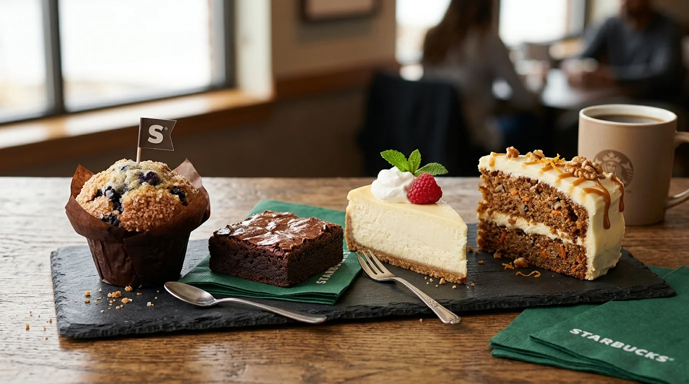 Starbucks Bakery Auswahl - Blaubeer-Muffin, Schokoladen-Brownie, New York Cheesecake und Karotten-Kuchen